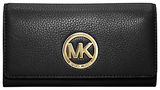 A bold leather purse with a large golden 'MK' logo on the fold...