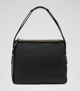 Reiss double zip shoulder bag. Harland in soft and grainy blac...