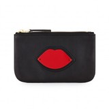 Black Leather flat zip pouch with red Perspex lips and gold zi...